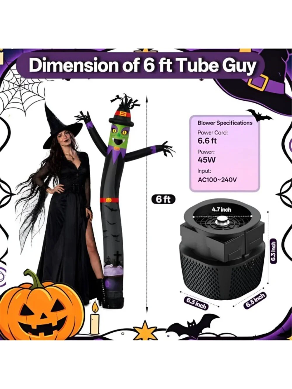 Halloween Witch Inflatable Tube Man 6ft,with 45W Blower+Green Spotlight